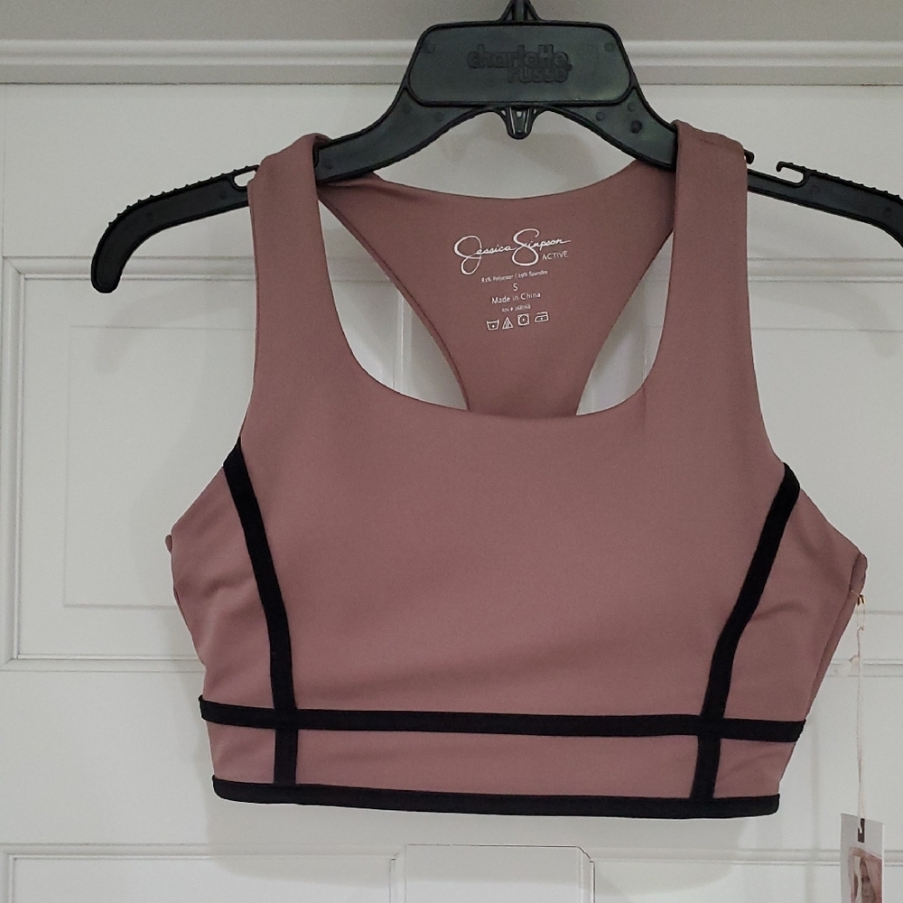 NWT Jessica Simpson Active Mauve/ Black Sports Bra Racerback